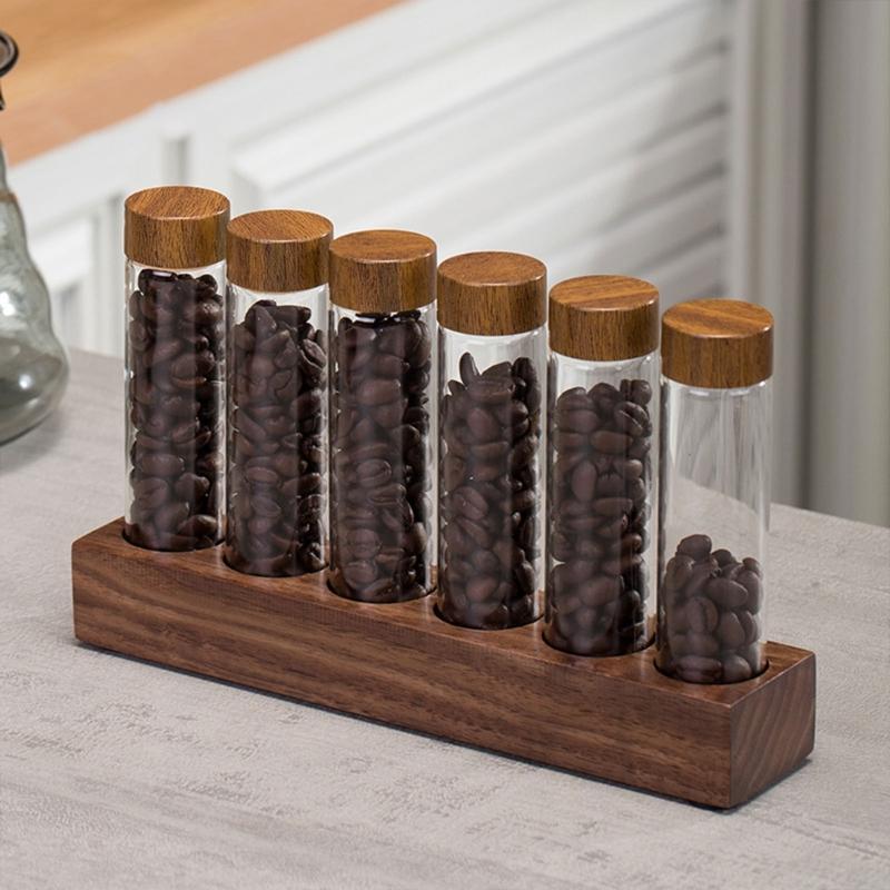 Elegant Wood Glass Coffee Bean Rack Stylish 12 Unit Coffee Bean Presentation Rack with Long and Short Glass Tube