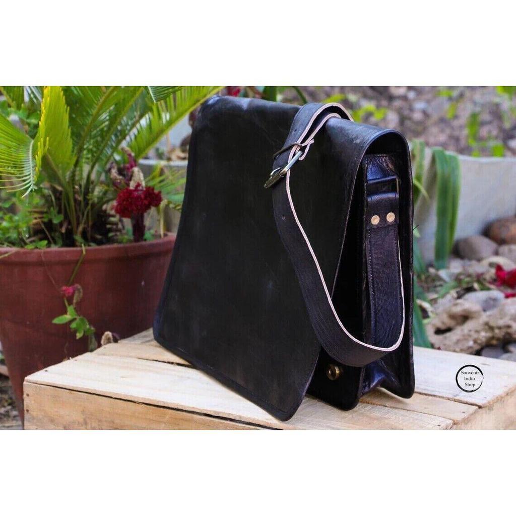 Herren-Laptop-Kuriertasche, Aktentasche, Umhängetasche aus echtem schwarzem Leder im Vintage-Stil