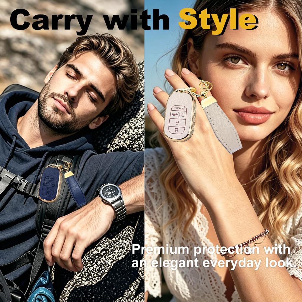 for Honda Key Fob Cover with Leather Texture & Keychain, Beige | Soft TPU Key Shell Case for Accord Civic CR-V HR-V Pilot 2022 2023 2024 2025 2026