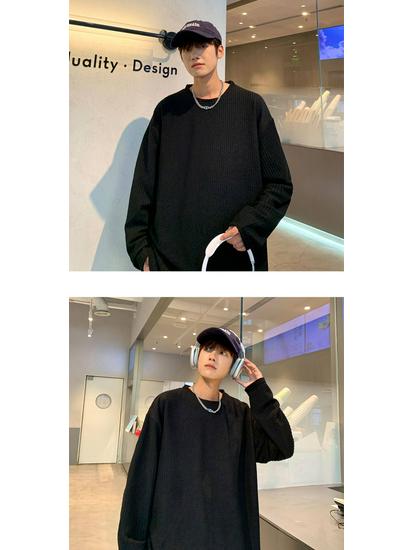 Men's Solid Color Long Sleeve Jacquard T-Shirt - Trendy Scruffy Hong Kong Style, Loose Fit for Couples.