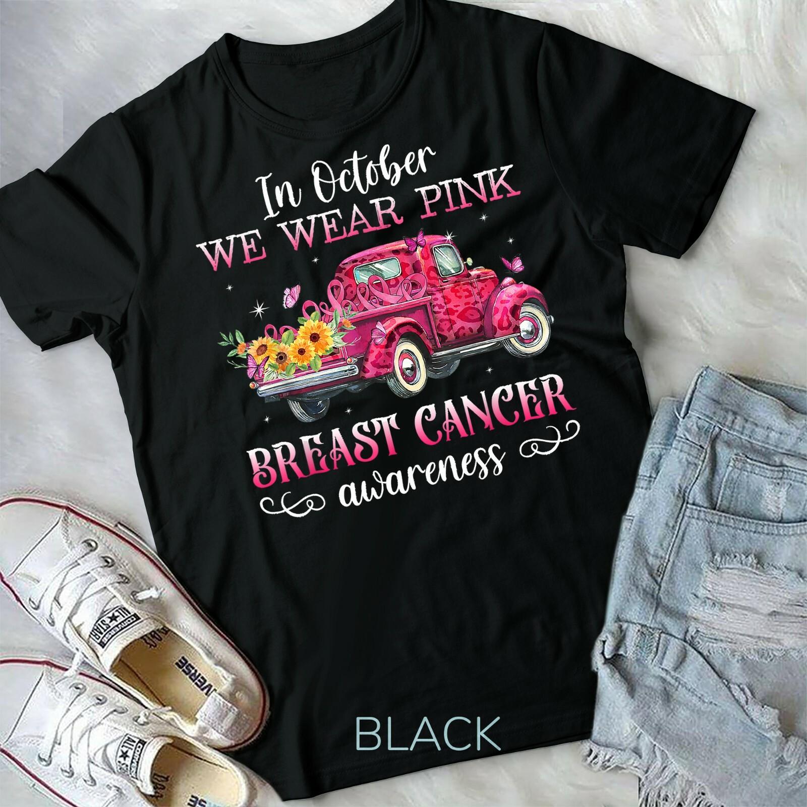 In October We Wear Pink Ribbon Leopard Truck Breast Cancer Unisex T-shirt M