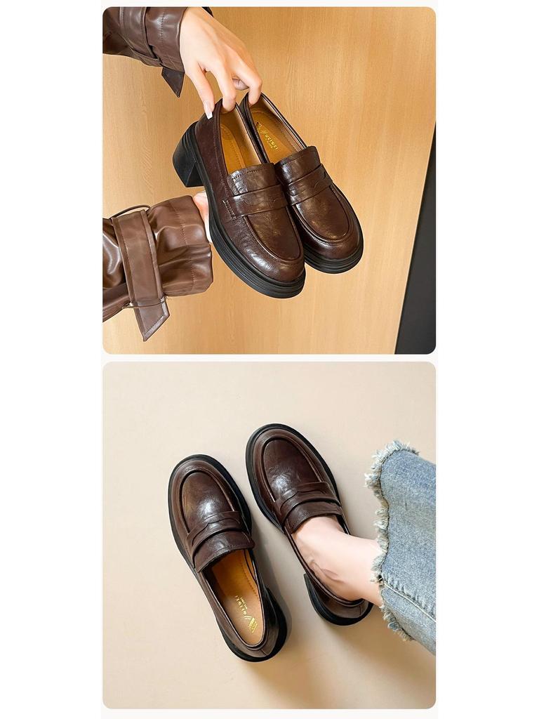 Weiwei Girl Vintage Slip-On Loafers: Chunky Heel, Thick-Soled, British-Style Women's Leather Shoes.