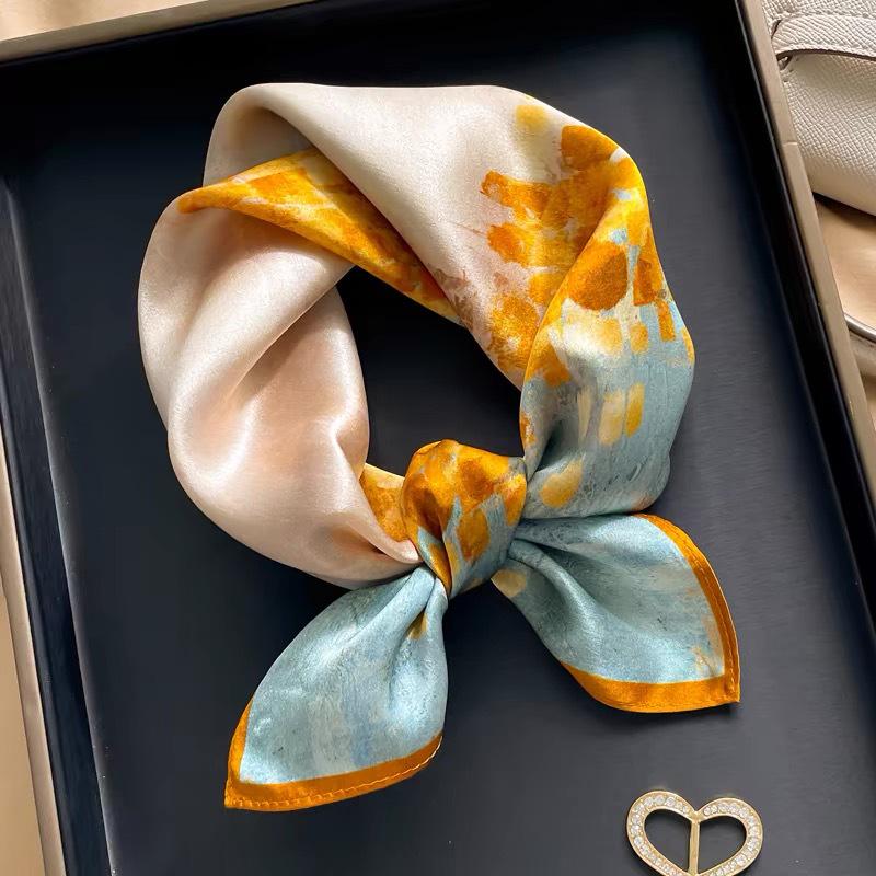 Dámský béžový hedvábný šátek - 53 cm Korejský styl Tištěný čtverec, 100% morušové hedvábí na jaro/léto