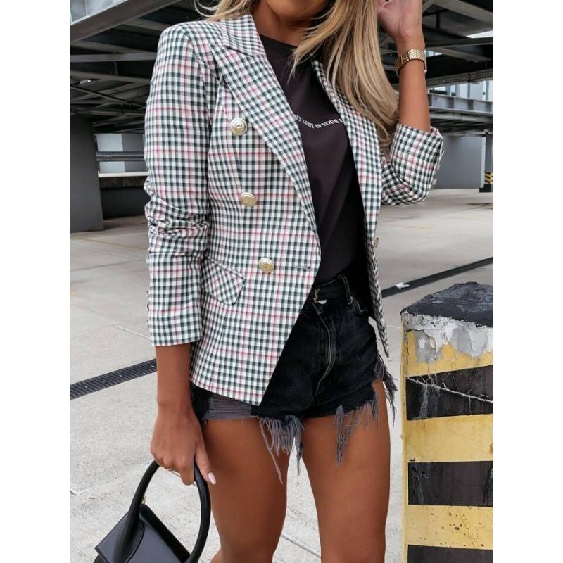 

Женский профессиональный облегающий клетчатый костюмный топ осень/зима XXL серый