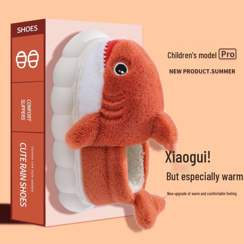 Kinder Cartoon Hai Baumwoll Hausschuhe - Jungen Winter 2024, Dicke Sohle, Indoor, Geschlossene Ferse, Flauschig.