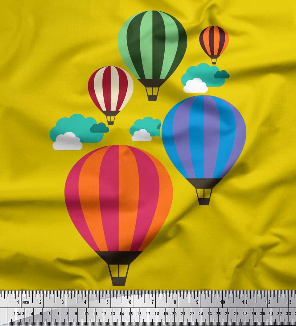 

Soimoi Green Japan Crepe Satin Fabric Cloud & Air Balloon Holiday Print Тканина на метри 42 дюйма 42 Inch Wide - Poly Crepe жовтий