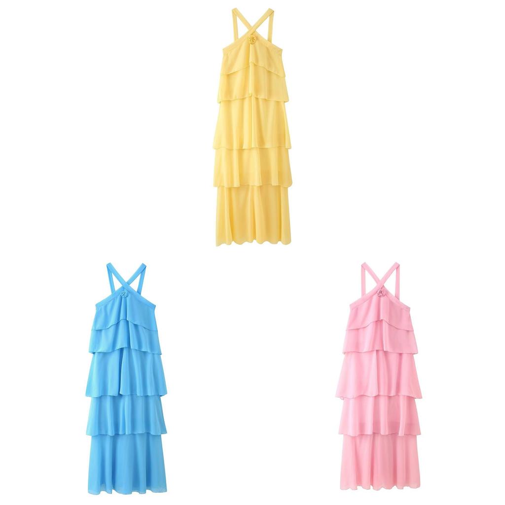 Polyester Floral Embellished Layered Chiffon Dress With Sleeveless Halter Neck For Spring