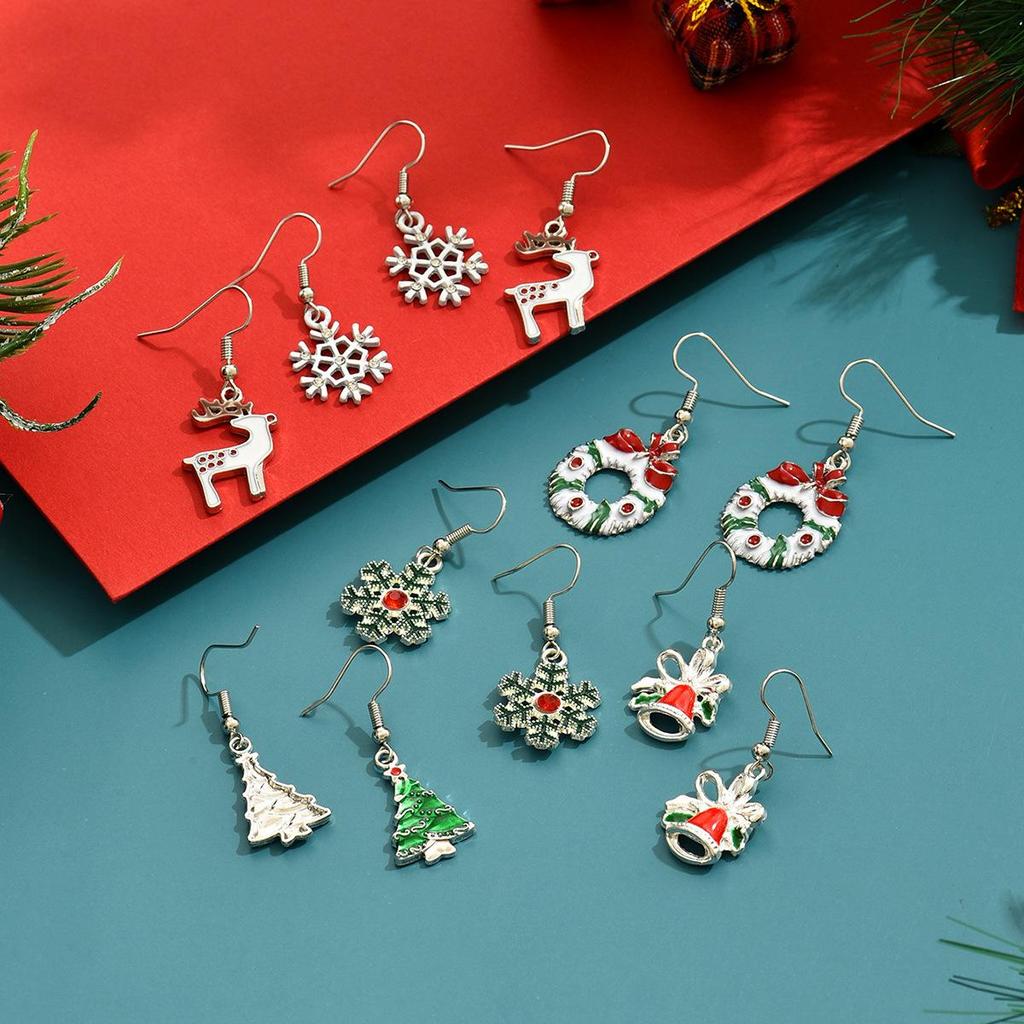 Christmas Tree, Snowflake, Bell, Reindeer, Wreath Pendant Earrings with Drip Oil Alloy