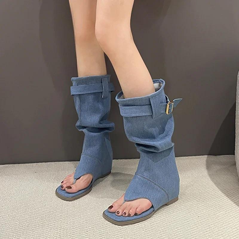 Knee High Women Cowboy Flip Flop Cool Boots Sandals Clip Toe Designer Flats Denim Blue Shoes Autumn Fashion Chaussure Female