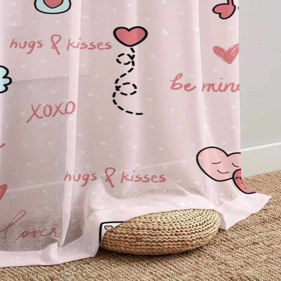 1PC Pink Love Heart Cartoon Sheer Curtain Valentine Romantic Window Drape Light Filtering for Bedroom Living Room Home Decor