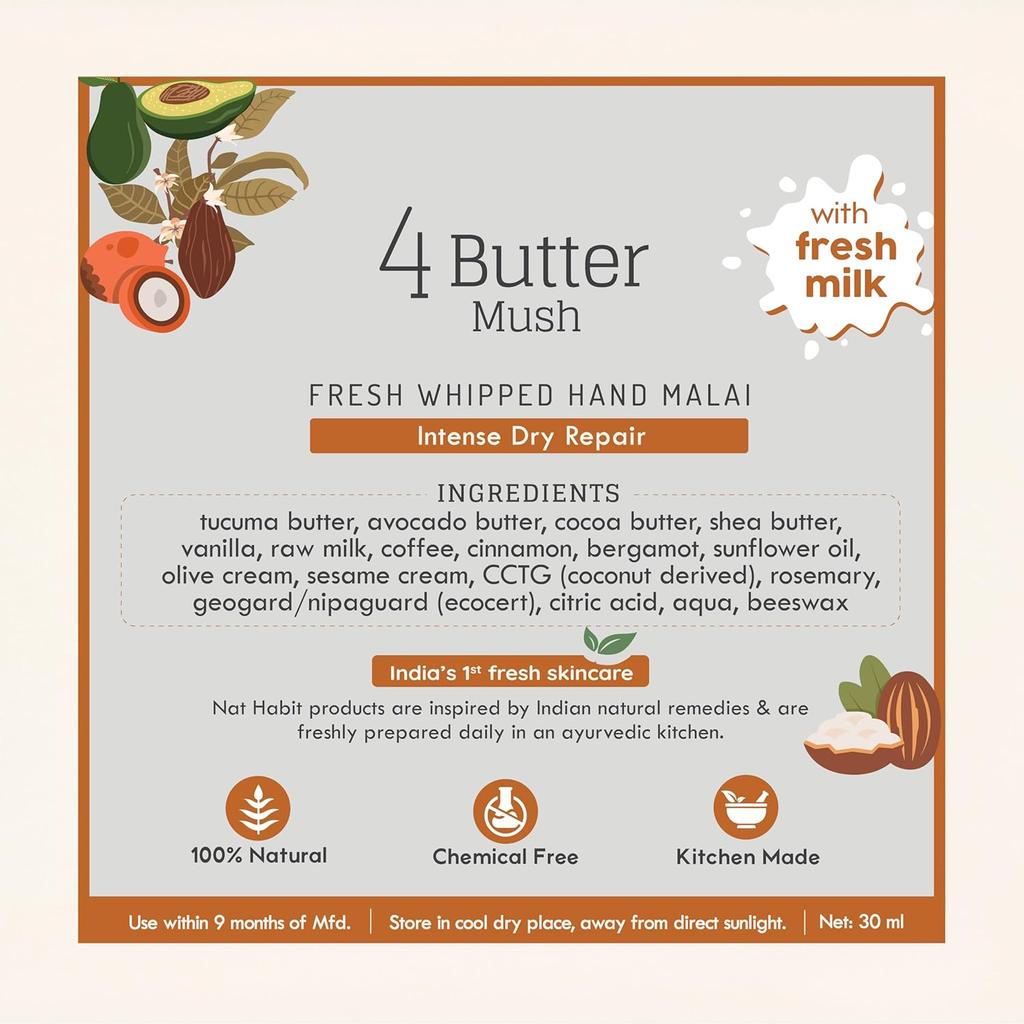 Nat Habit 4 Burri Crema Malai per Mani per Riparazione Intensa Pelle Secca Idratante Karité Tucuma Avocado Cacao Per Tutte le Pelli 30 ml