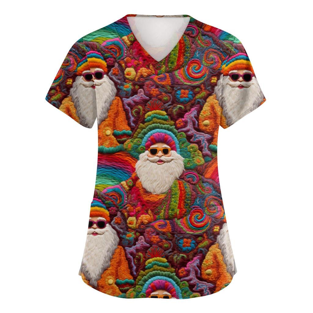 Women's V-neck Christmas Printed Short-sleeved Pocket Side-slit Protective Suit Top