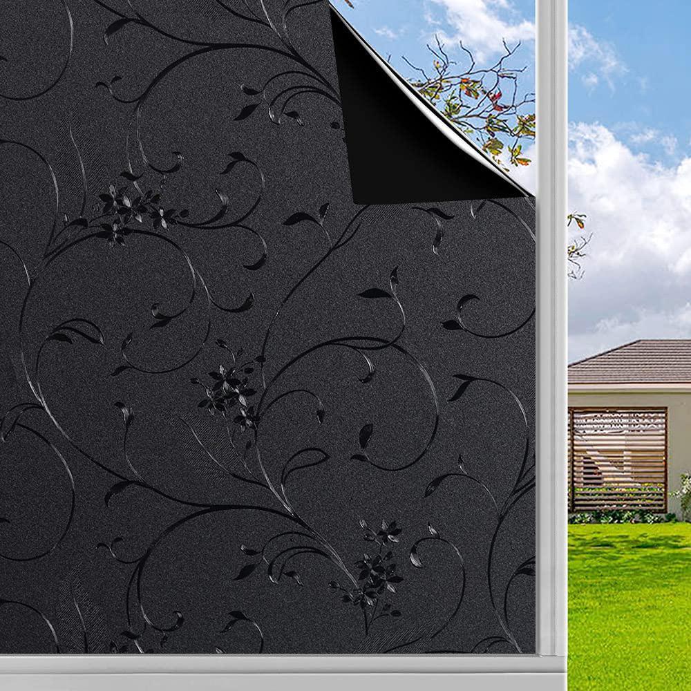 Static Cling Total Blackout Privacy Window Film Cover 100% Light Blocking No Glue Black Window Tint for Home Room Darkening