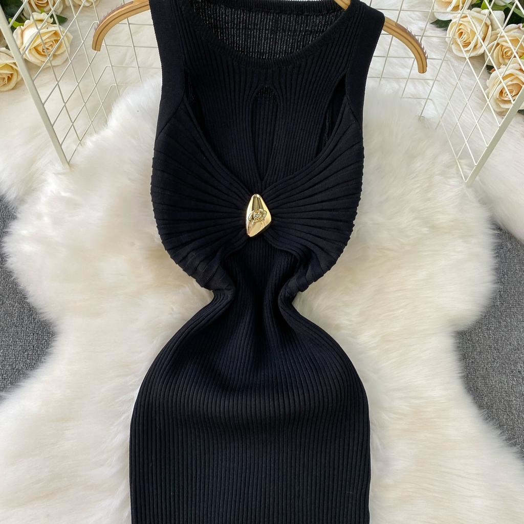 Summer Women Elegant Sleeveless Hollow Out Office Work Midi Knitted Sweater Pullover Sheath Dresses For Ladies