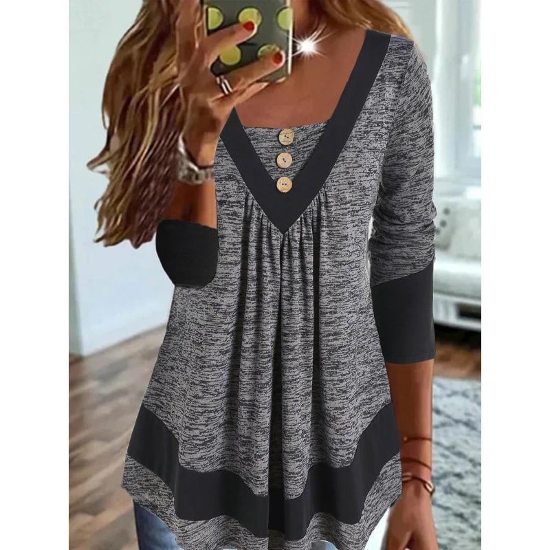 

Autumn and Winter Contrast-color V-neck Long-sleeved Top Button-decorated Women s T-shirts S сірий колір