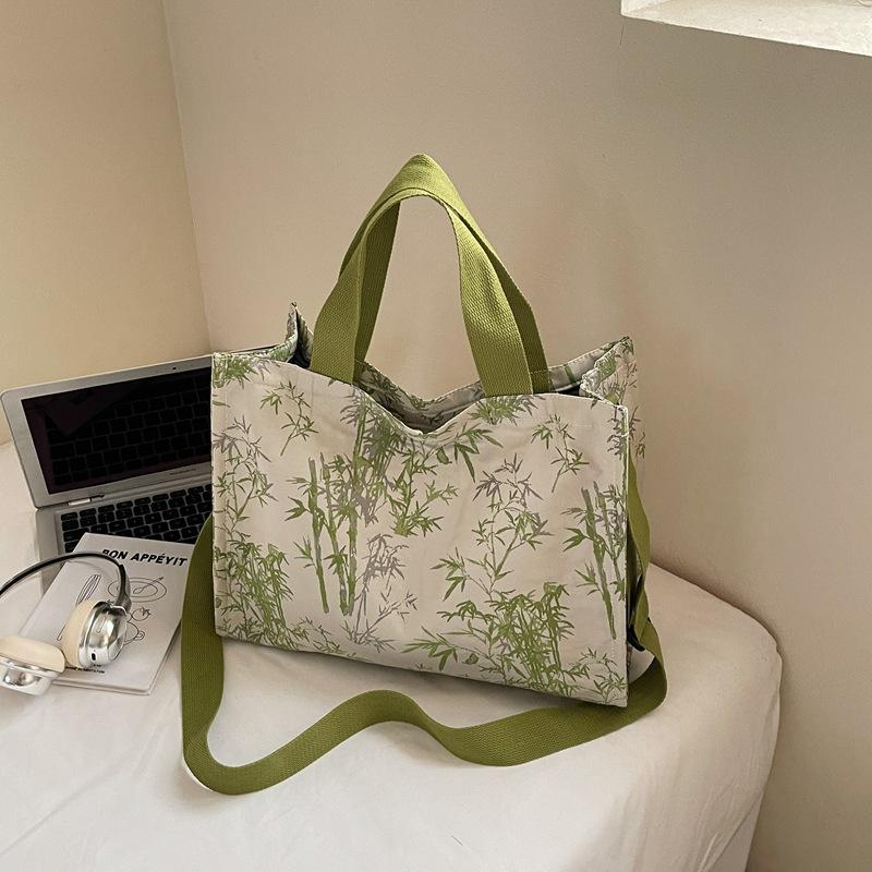 

Новая женская сумка в китайском стиле, новая модная сумка через плечо с принтом бамбуковых листьев, сумка-тоут для студенток и для поездок на работу зелёный