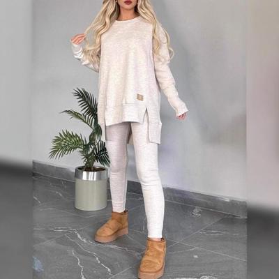 2025 Women's Autumn/Winter Casual Solid Color Long Sleeve Slit Top Set