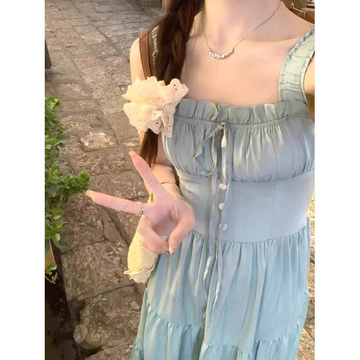 

Mint milk green suspender dress, new women s summer French gentle design, waist A-shaped long skirt S зелёный