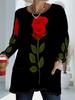 Women's Plus Size Pocket Design Rose Print Loose Long Sleeve T-Shirt