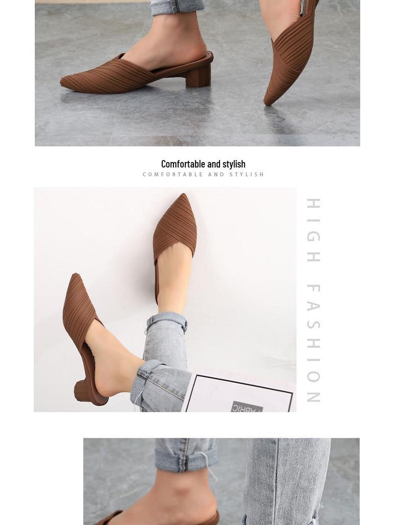 Heli Shark Dam Chunky Heel Spetsig Tå Stängd Tå Casual Halvtofflor - Vår/Sommar Mode Sandaler