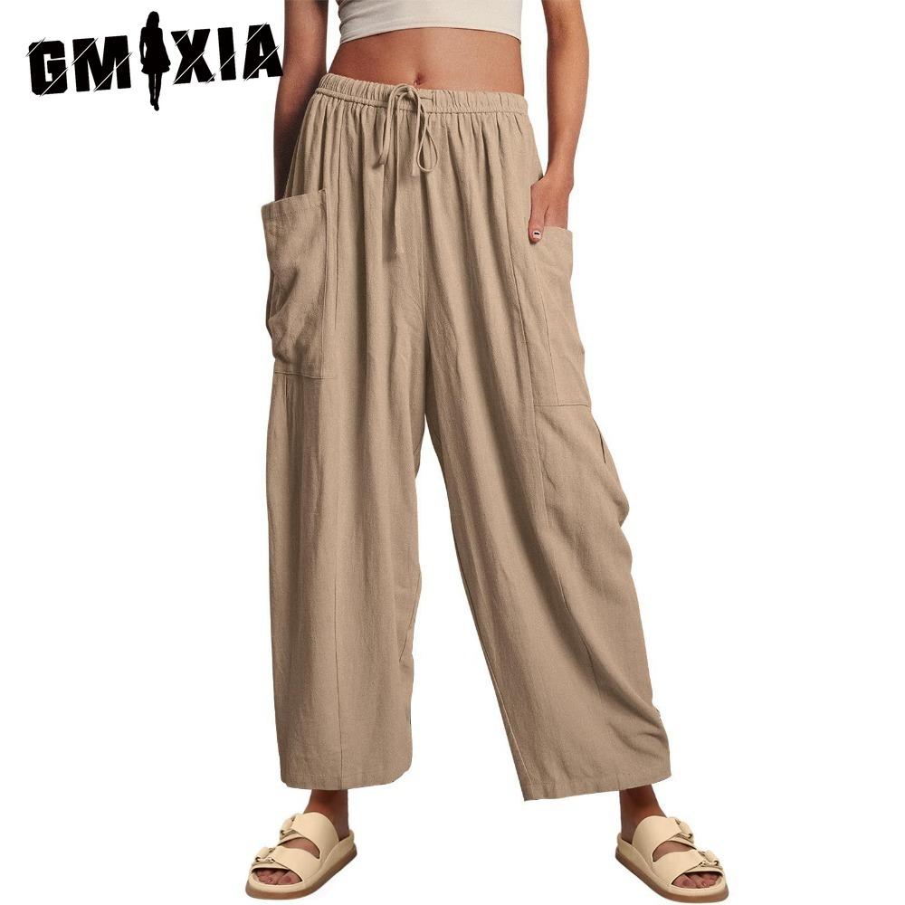 

GMXIA Женские модные повседневные брюки с однотонным принтом и высокой талией и капри XXXL хаки