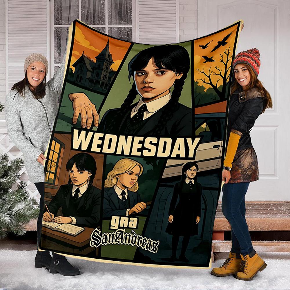 1pc Wednesday Addams Outdoor Flannel Blanket Gift For Boys Girls Adults, Family Friends