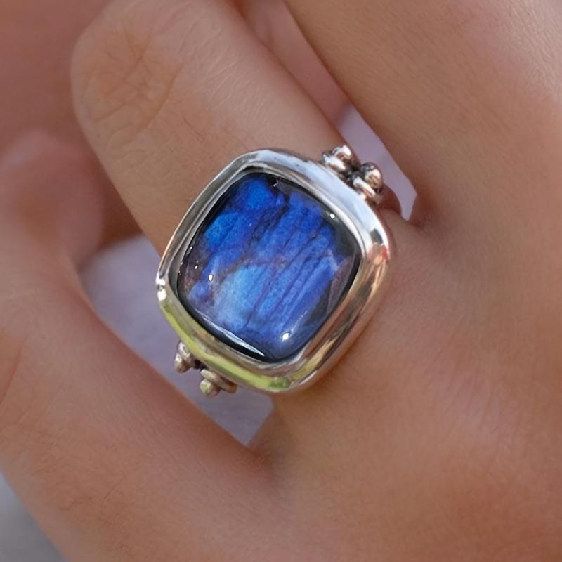 Vintage Exquisite Square Blue Stone Ring, Women's High-end Jewelry, Party Gifts and Accessories