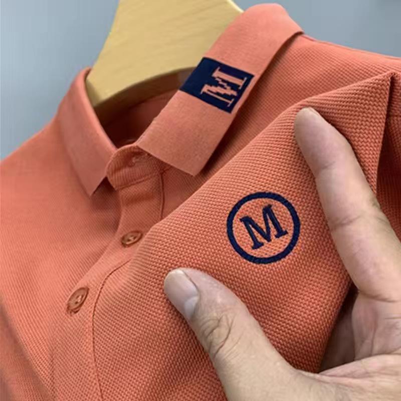 Embroidered Busin Men's  Irt Ice Silk Cool Modal Ort Sve T-irt Faionable Turn-down Collar Summer Top
