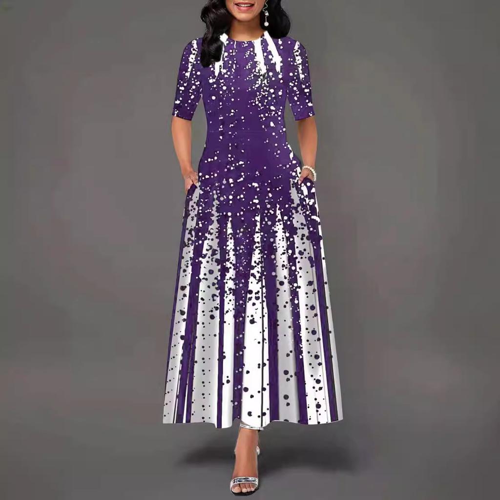 2025 New Women's Fashion Personalized Gradient Positioning Printed Round Neck Middle Sleeve Large Swing Dress