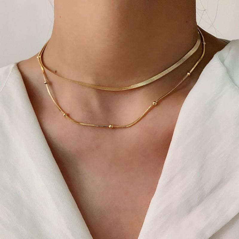 Minimalist 18K Gold Plated Titanium Steel Necklace Women Double Layer Style Snake Chain Choker Hypoallergenic Geometric