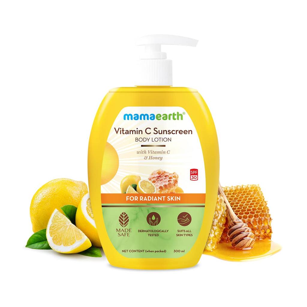 Mamaearth Vitamin C Sunscreen Body Lotion SPF 30 With Honey – 300ml, UV Protection Moisturizer For Radiant Soft Skin