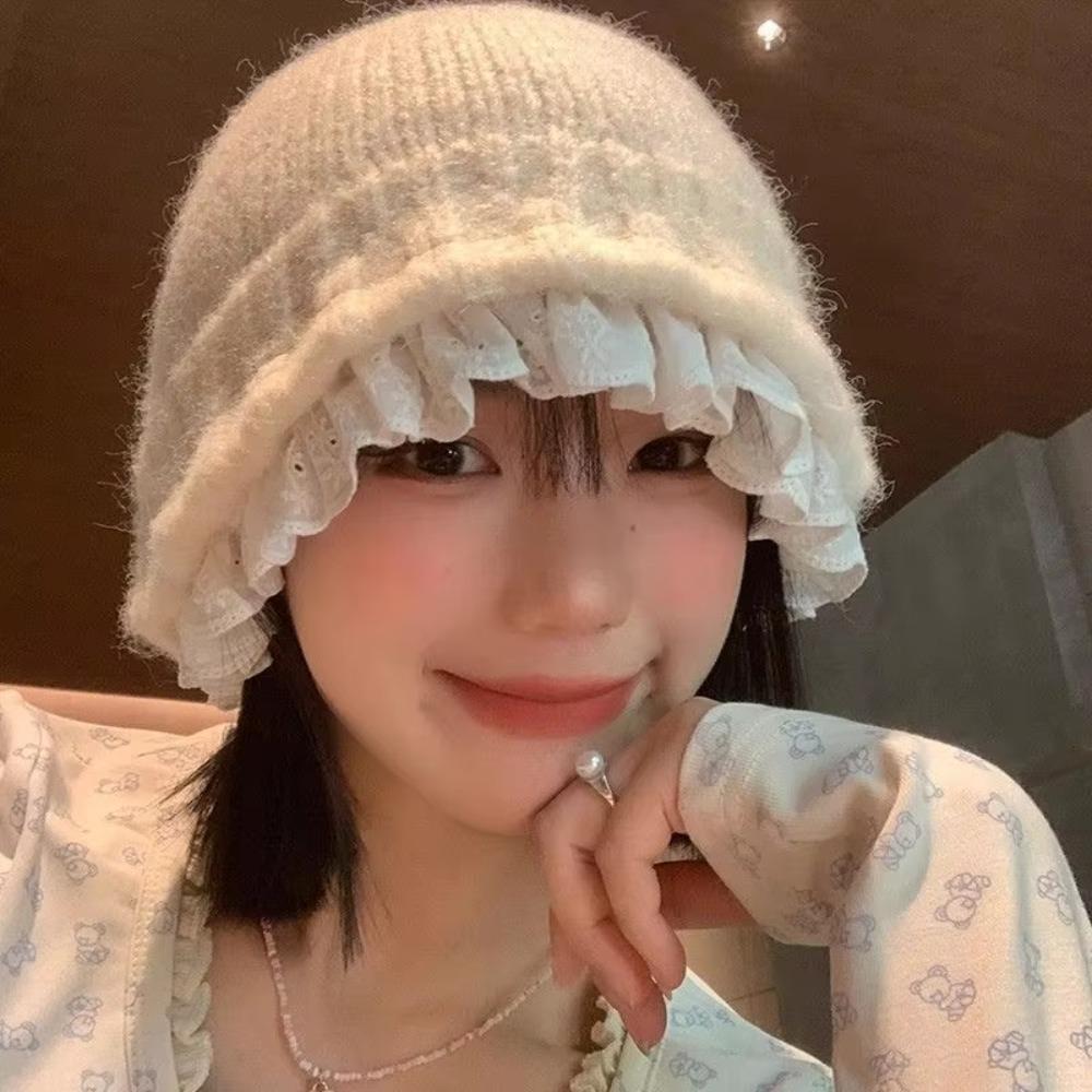 Lace Flower Ruffle Winter Bucket Hat Solid Color Basin Cap Sweet Ear Protection Hats  Outdoor Girl