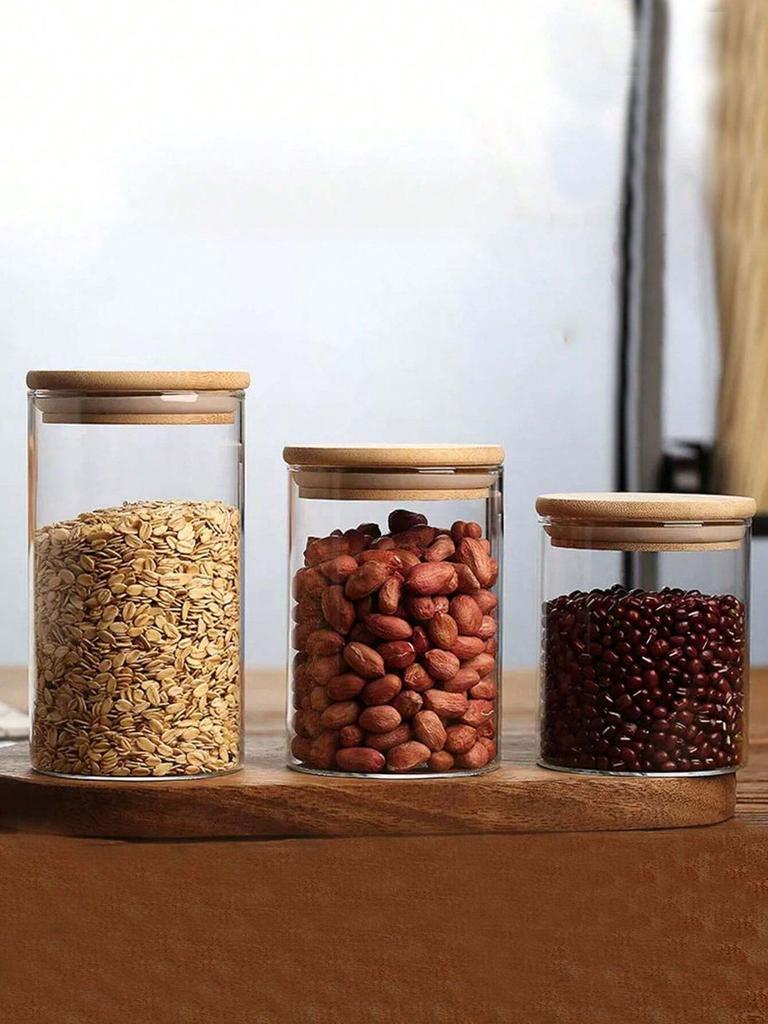 1PC Round Glass Storage Jars with Bamboo Lid for Coffee Beans Grains Noodles Food Storage Containers Kitchen Organizers Storage