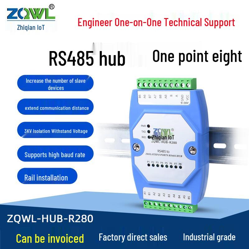 Industrial 8-Port RS485 Hub with Isolation and Lightning Protection