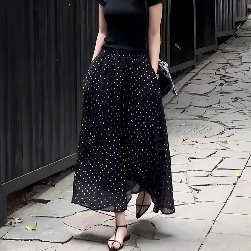 

Womens Elegant Polka Dot Chiffon Midi Skirt S чёрный