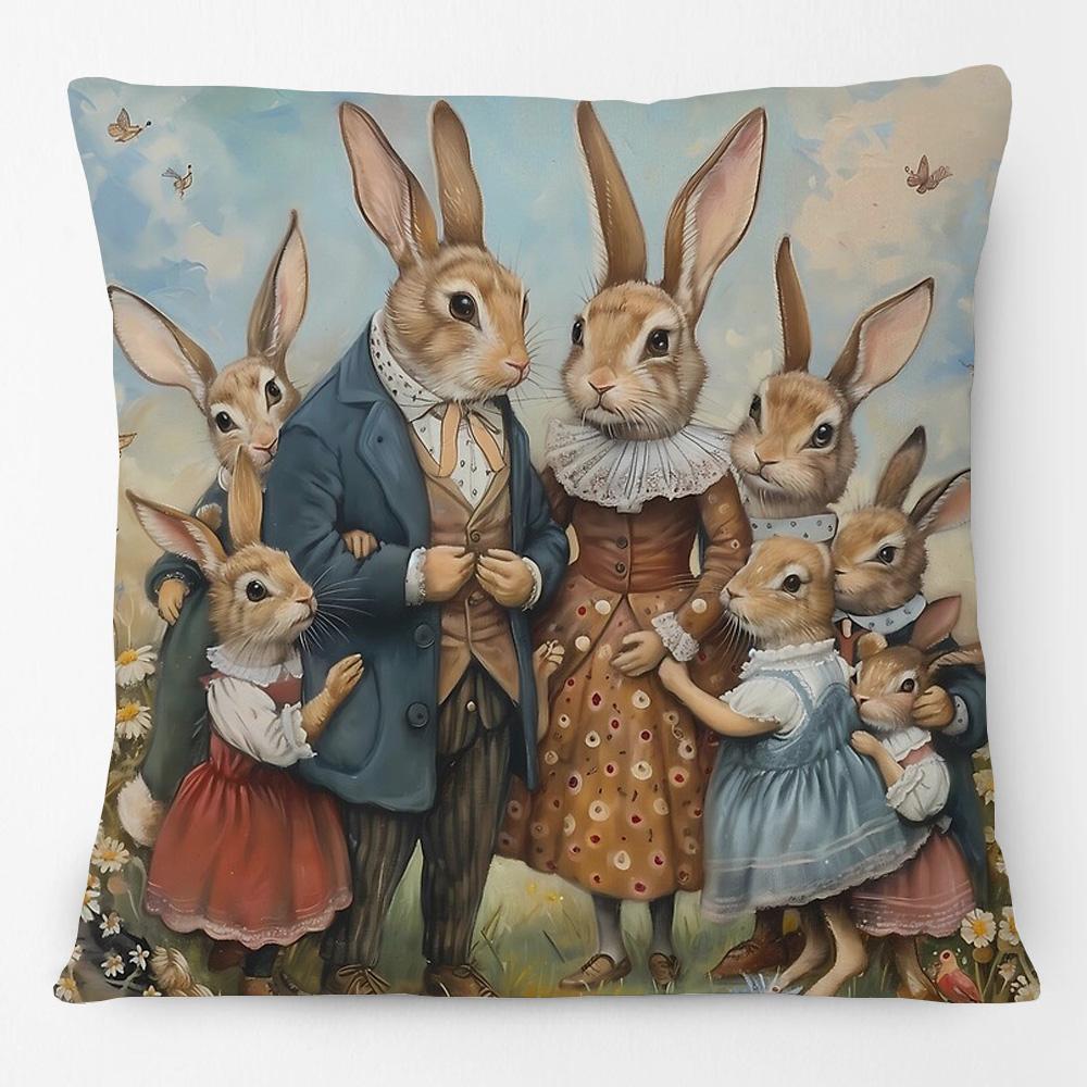 Vintage Easter Girl Cushion Cover Victorian Rabbit Bunny Portrait Print Decorative Pillow Case