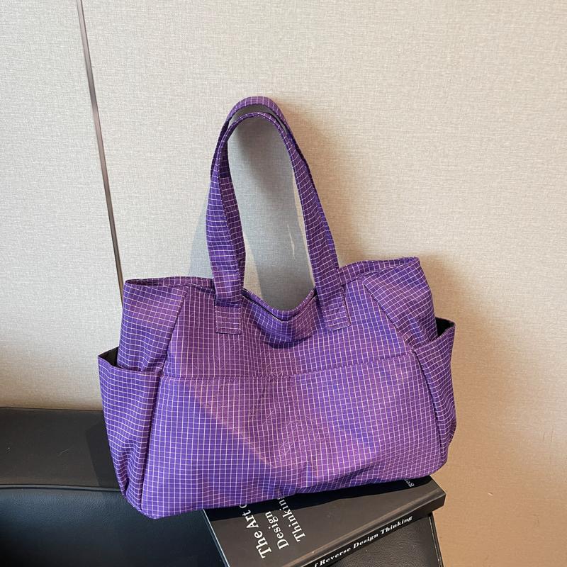 Schultertasche mit großer Kapazität Damen Vintage Karomuster Nylontasche Tragetasche Pendler Tragbar Unterarmtasche