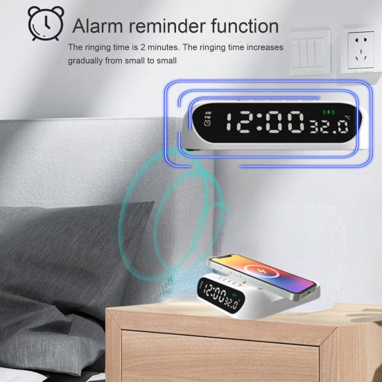 Wireless Charger with Digital Alarm Clock Temperature Display Wide Compatibility 15W Fast Charging 3-in-1 Wireless Charging Station