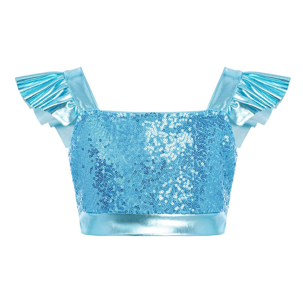 Dětské dívčí topy na jazzový tanec Čtvercový výstřih Volánkové rukávy Třpytivý flitrovaný metalický crop top