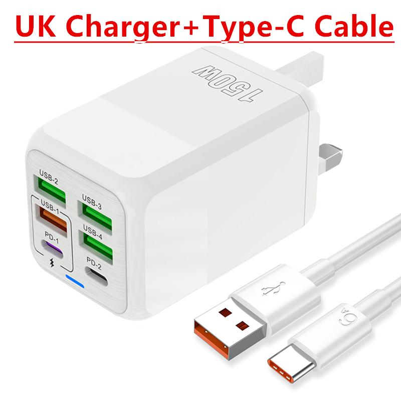 

150 Вт 6 портов Pd QC 4.0 Usb C быстрое зарядное устройство настенный адаптер супер быстрая зарядка для iPhone Samsung Ipad Xiaomi Oneplus Oppo UK WHITE and Cable
