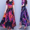 Kvinner kjole blomsterprint høy stram midje kortermet rund hals A-linje Big Swing Bohemian