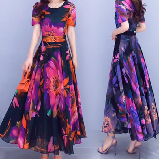Kvinner kjole blomsterprint høy stram midje kortermet rund hals A-linje Big Swing Bohemian