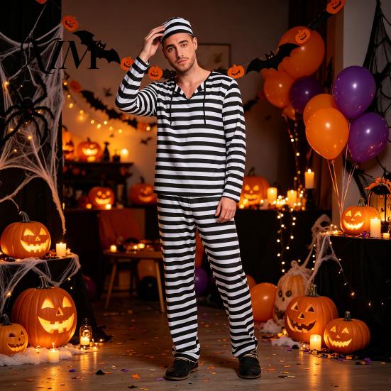 Uniform Więźnia Kostium Więźnia dla Dorosłych, Damska Mini Sukienka w Paski, Męska Góra Munduru Więziennego Spodnie, Kostium Halloweenowy z Kapeluszem i Mankietami Spodnie