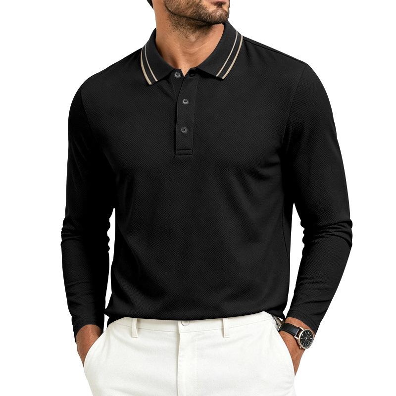 Men Striped Contrast Collar Long Sleeve Polo Shirt, 3 Button Placket Textured Lightweight Business Casual Golf Collared Top Multiple Colors