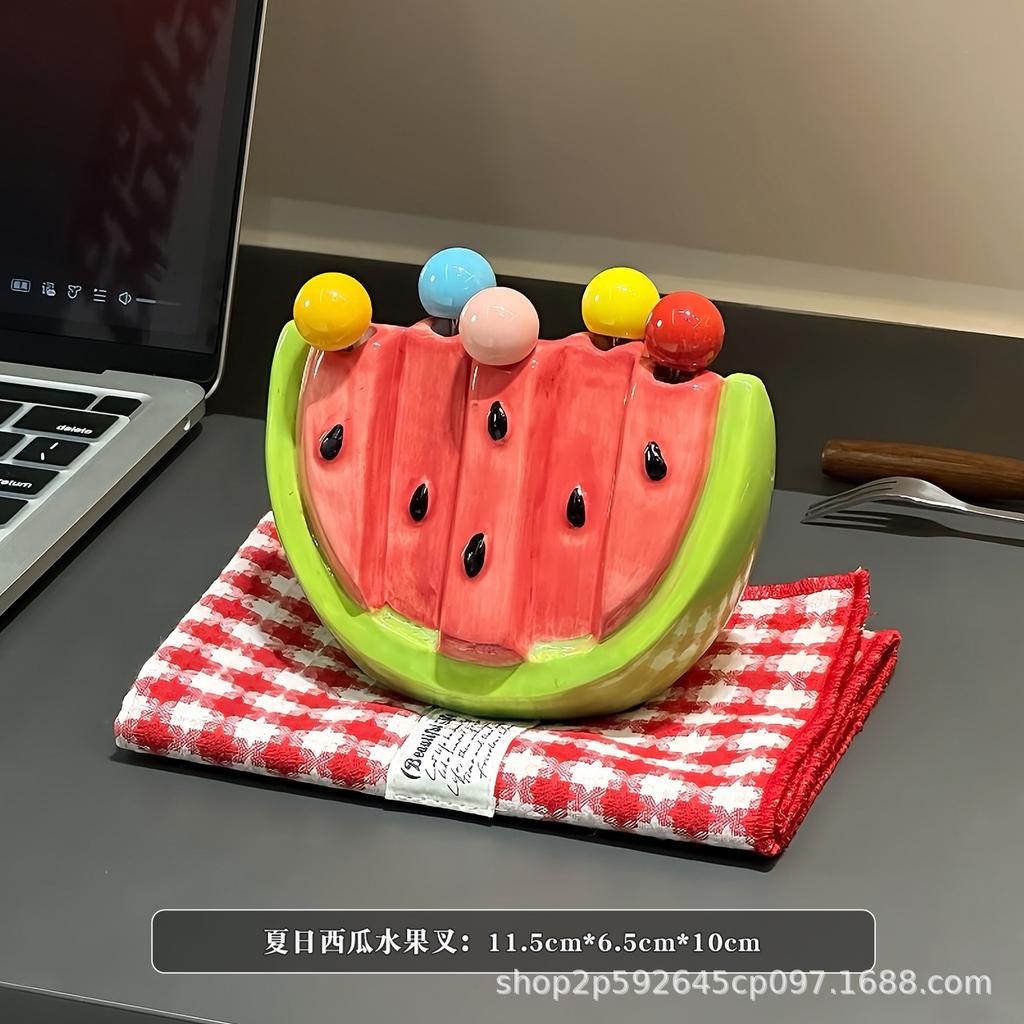 Stainless Steel Fruit Forks Dessert Forks with Watermelon Design Includes Ceramic Storage Box for Home Decor Kitchen Party