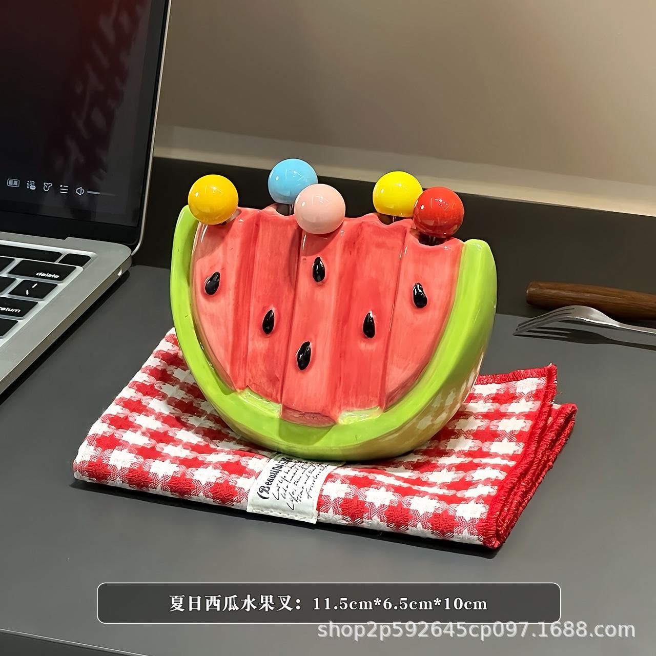 

Stainless Steel Fruit Forks Dessert Forks with Watermelon Design Includes Ceramic Storage Box for Home Decor Kitchen Party