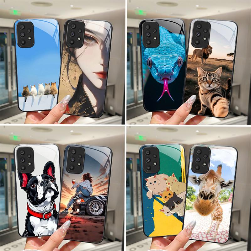 Süße Cartoon-Katzen Blumen Hülle Für Samsung Galaxy A52 A52S A72 4G 5G Gehärtetes Glas Handyhülle Schutzhülle Rückseite Hartschale