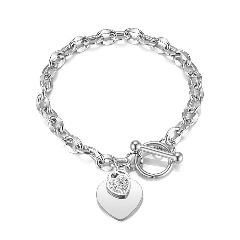 1pc Stainless Steel Bracelet With Heart Pendant, Double Heart OT Buckle Couple Bracelet Unisex