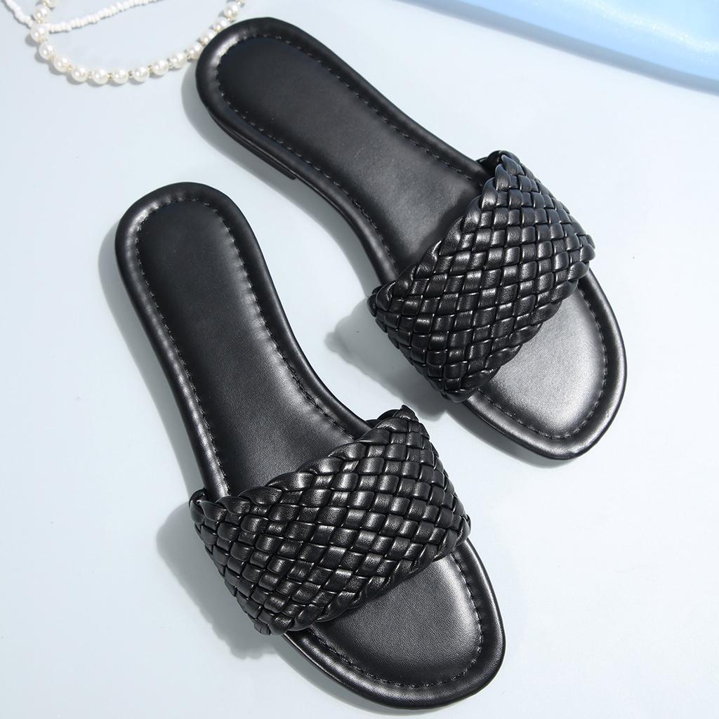 [Foreign Trade] Popular Three-dimensional Rhombus Woven One-character Sandals Women's Flat-bottomed Casual Slippers Are Trendy