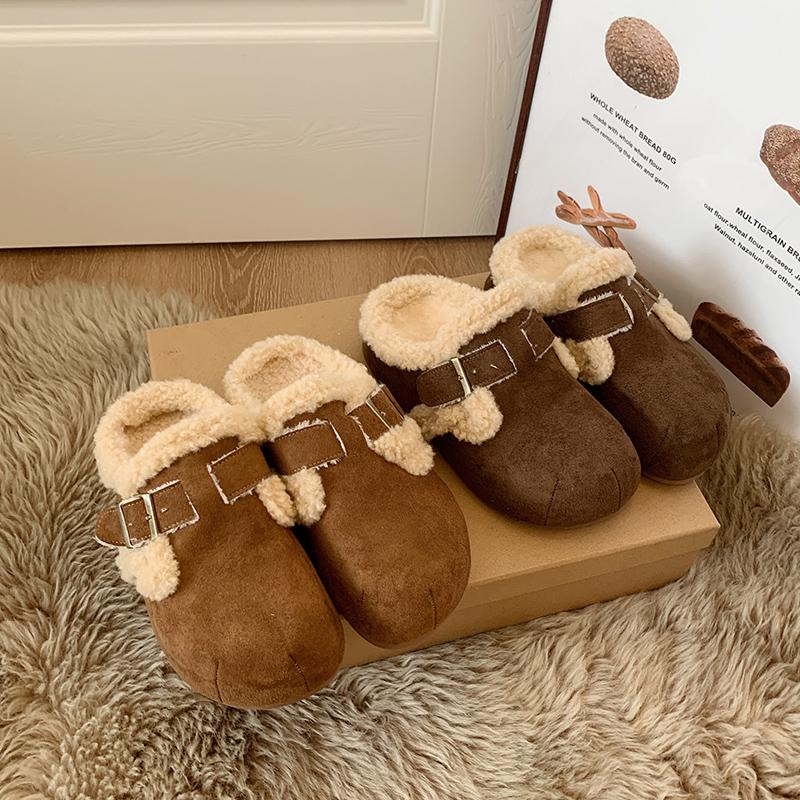 2026 New Women Slippers Fur Flats Short Plush Mules Shoes Women's Fashion Buckle Soft Sole Cotton Shoes Suede Home Warm Slippers